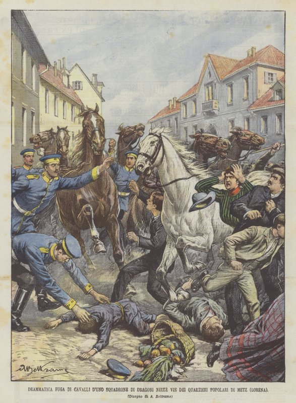 Dramatyczna ucieczka koni z eskadrą dragonów ulicami popularnych dzielnic Metz (Lotaryngia) autorstwa Achille Beltrame