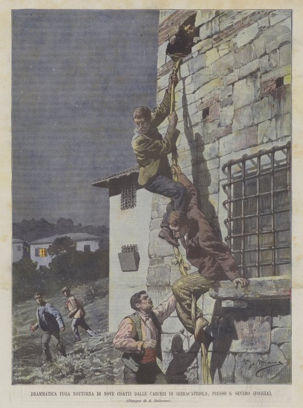 Dramatyczna nocna ucieczka Nove Coatti z więzienia Serracapriola, niedaleko S Severo (Foggia) autorstwa Achille Beltrame