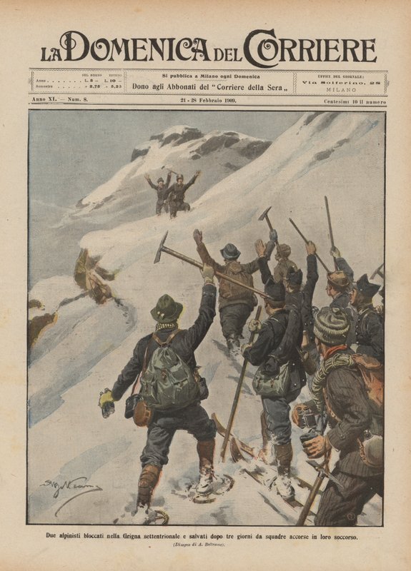 Dwóch alpinistów utknęło na mieliźnie w północnej Grignie i zostało uratowanych po trzech dniach przez zespoły, które pospieszyły im na ratunek autorstwa Achille Beltrame