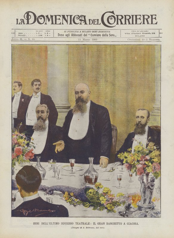 Echa ostatniego teatralnego sukcesu, Wielki Bankiet w Giacosa autorstwa Achille Beltrame