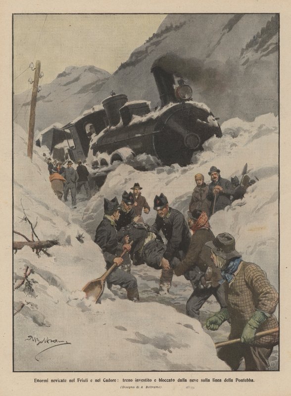 Ogromne opady śniegu we Friuli i Cadore, pociąg uderzony i zablokowany przez śnieg na linii Pontebba autorstwa Achille Beltrame
