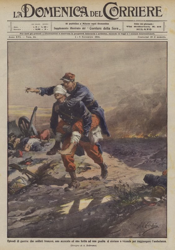 Epizody wojny, dwóch francuskich żołnierzy, jeden oślepiony, a drugi ranny w nogę, pomagają sobie nawzajem? autorstwa Achille Beltrame