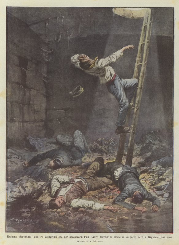 Niefortunny heroizm, czwórka odważnych ludzi, którzy odnajdują swoją śmierć, aby sobie nawzajem pomóc? autorstwa Achille Beltrame