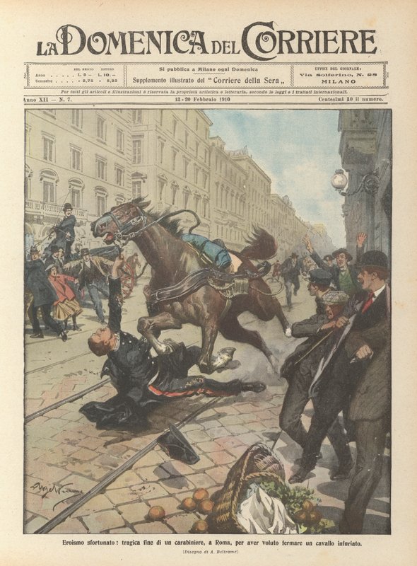 Niefortunny heroizm, tragiczny koniec karabiniera w Rzymie za chęć powstrzymania szalejącego konia autorstwa Achille Beltrame