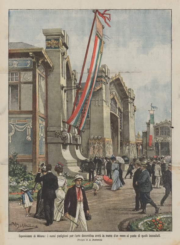 Milan Exposition, nowe pawilony sztuki dekoracyjnej wzniesione w niecały miesiąc na miejscu? autorstwa Achille Beltrame