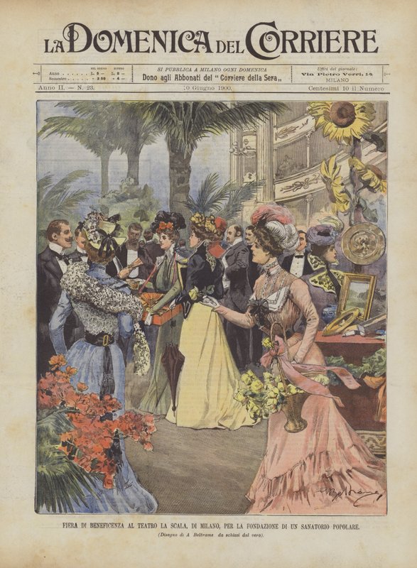 Jarmark charytatywny w teatrze La Scala w Mediolanie na rzecz powstania popularnego sanatorium autorstwa Achille Beltrame