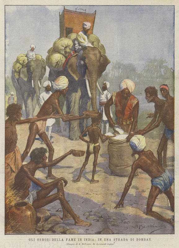 Horrors of Hunger w Indiach, na Bombay Street (kolor lito) autorstwa Achille Beltrame