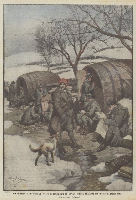 Naśladowcy Diogenesa, grupa bojowników, znaleźli wygodny dom w dużych beczkach autorstwa Achille Beltrame