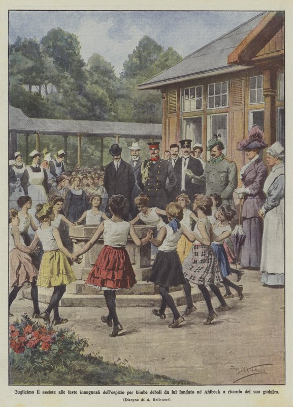 Czy Wilhelm II weźmie udział w uroczystych obchodach inauguracyjnego hospicjum dla słabych dziewcząt, które założył w Ahlbeck? autorstwa Achille Beltrame