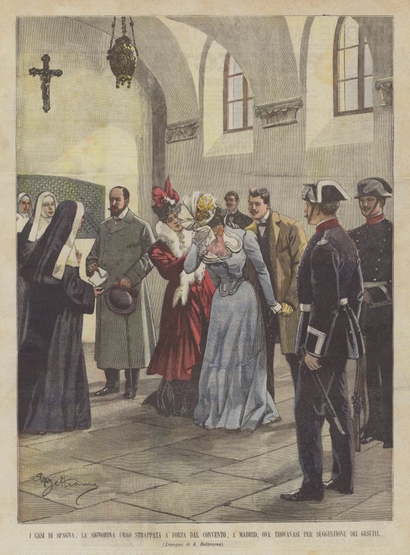 Przypadki Hiszpanii, Miss Ubao Force wyrwana z klasztoru w Madrycie, gdzie była? autorstwa Achille Beltrame