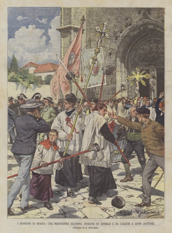 Zamieszki w Hiszpanii, procesja religijna atakowana przez liberałów i karlistów w Gijon (Asturia) autorstwa Achille Beltrame