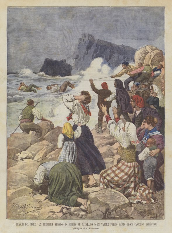 I Drammi Del Mare, okropny odcinek po wraku pary w Santa Croce Camerina (Syrakuzy) autorstwa Achille Beltrame