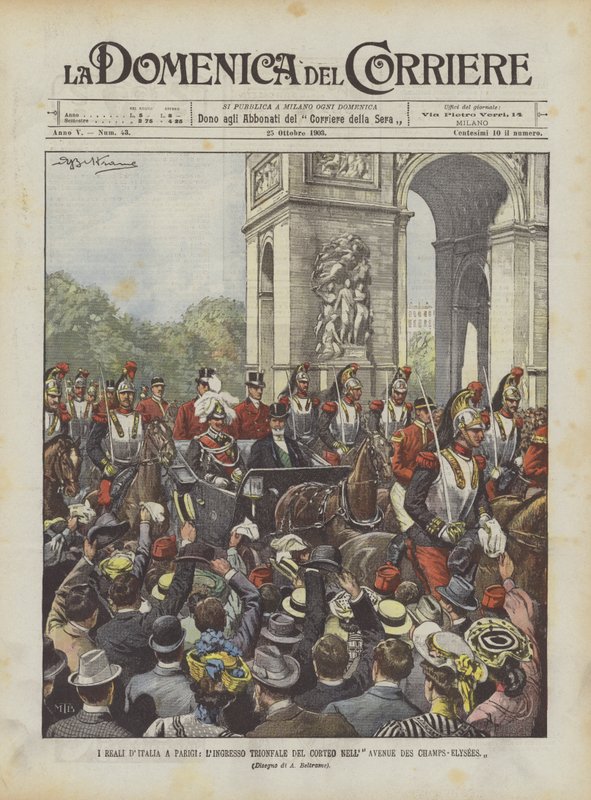 Royals w Paryżu, triumfalne wejście procesji na Avenue Des Champs-Elysees autorstwa Achille Beltrame