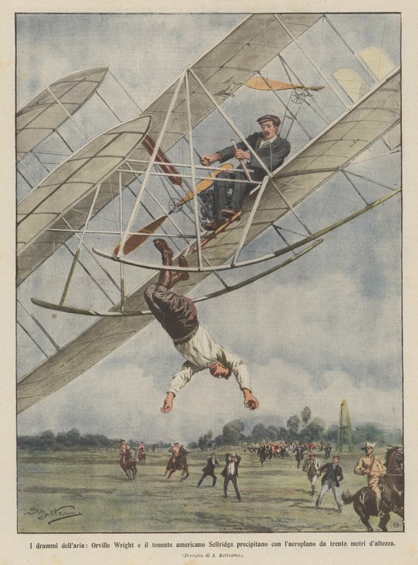 Dramaty lotnicze, Orville Wright i amerykański porucznik Selfridge zderzają się z samolotem? autorstwa Achille Beltrame