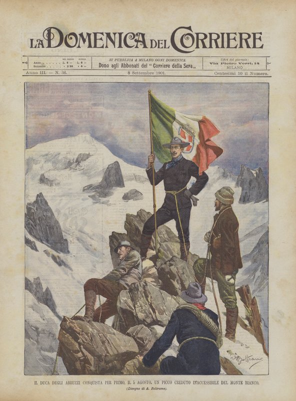 Duca Degli Abruzzi jako pierwszy zdobył 5 sierpnia szczyt uważany za niedostępny na Mont Blanc autorstwa Achille Beltrame