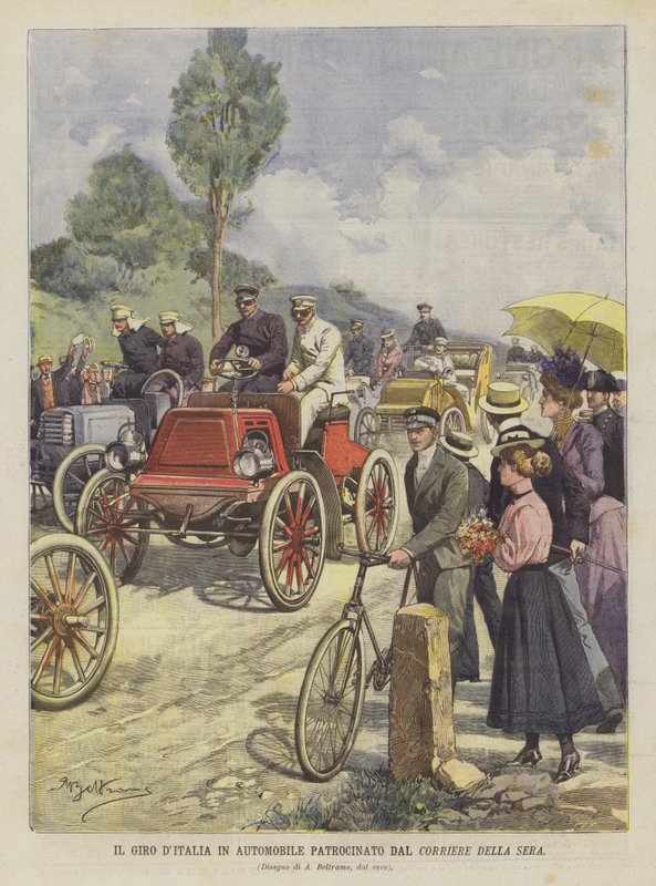 Giro DItalia samochodem sponsorowanym przez Corriere Della Sera autorstwa Achille Beltrame