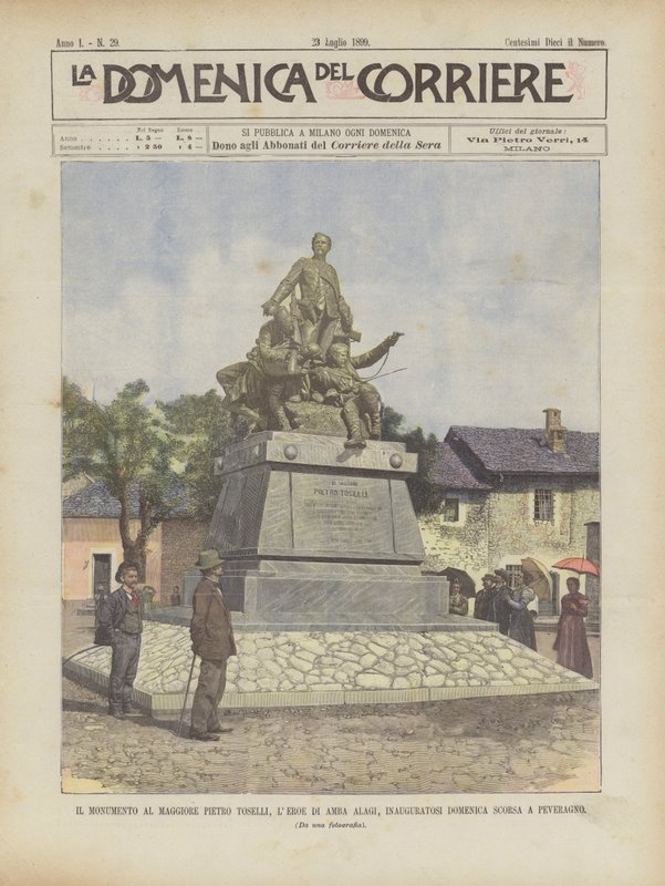 Pomnik majora Pietro Toselli, bohatera Amba Alagi, odsłonięty w ostatnią niedzielę w Peveragno autorstwa Achille Beltrame