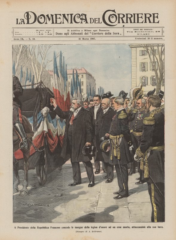 Czy prezydent Republiki Francuskiej przyznaje insygnia legionowego donatora zmarłemu bohaterowi? autorstwa Achille Beltrame