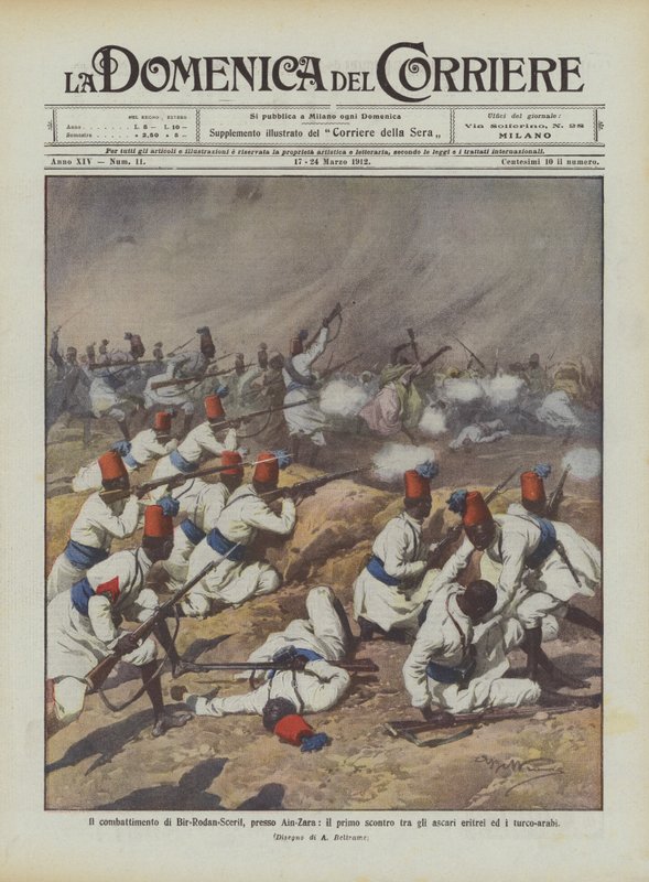 Walka Bir-Rodan-Scerif pod Ain-Zara, pierwsze starcie erytrejskich askari z turecko-arabskimi autorstwa Achille Beltrame