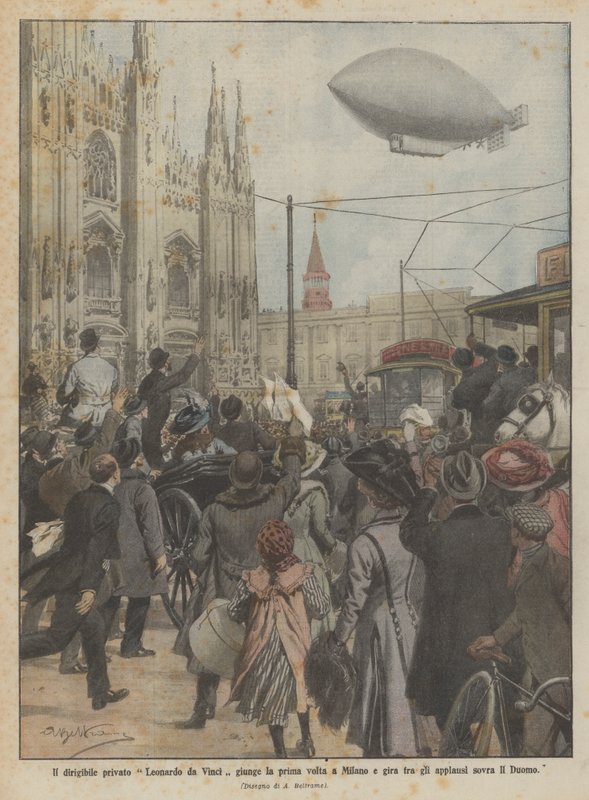Prywatny sterowiec Leonardo da Vinci po raz pierwszy przylatuje do Mediolanu i odwraca się, by oklaskiwać Duomo autorstwa Achille Beltrame