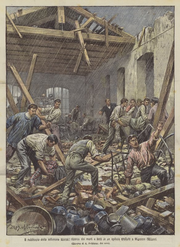 Burza z zeszłego tygodnia, poszukiwanie zabitych i rannych w zawalonej fabryce w Musocco (Mediolan) autorstwa Achille Beltrame