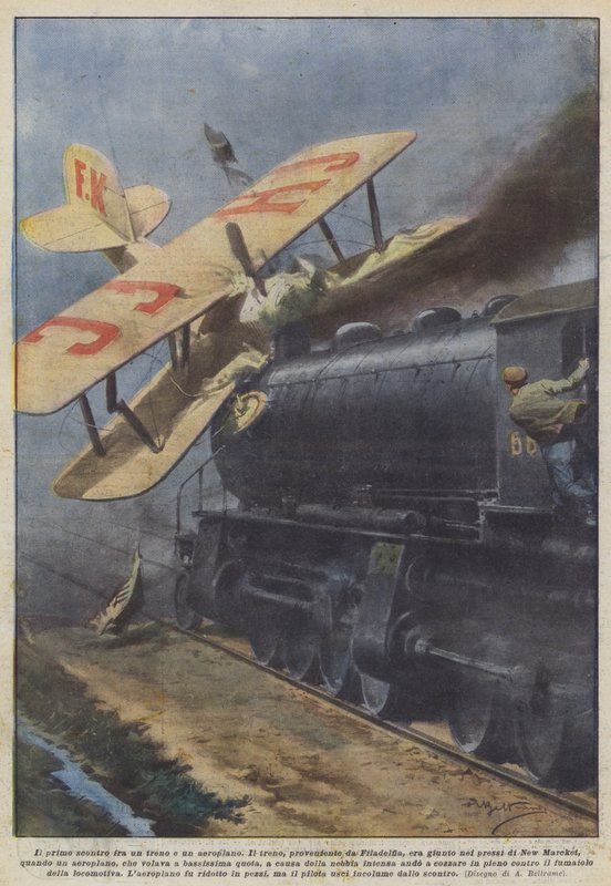 Pierwsze zderzenie pociągu z samolotem autorstwa Achille Beltrame