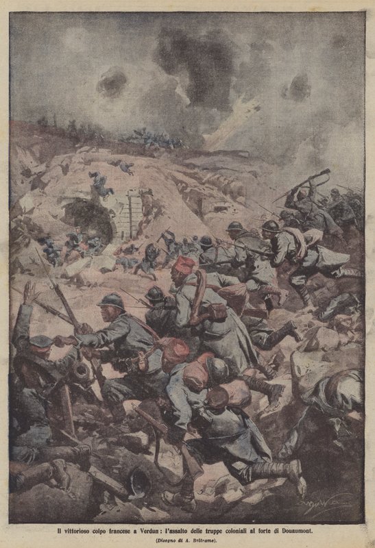 Zwycięski francuski zamach stanu w Verdun, szturm wojsk kolonialnych na fort Douaumont autorstwa Achille Beltrame