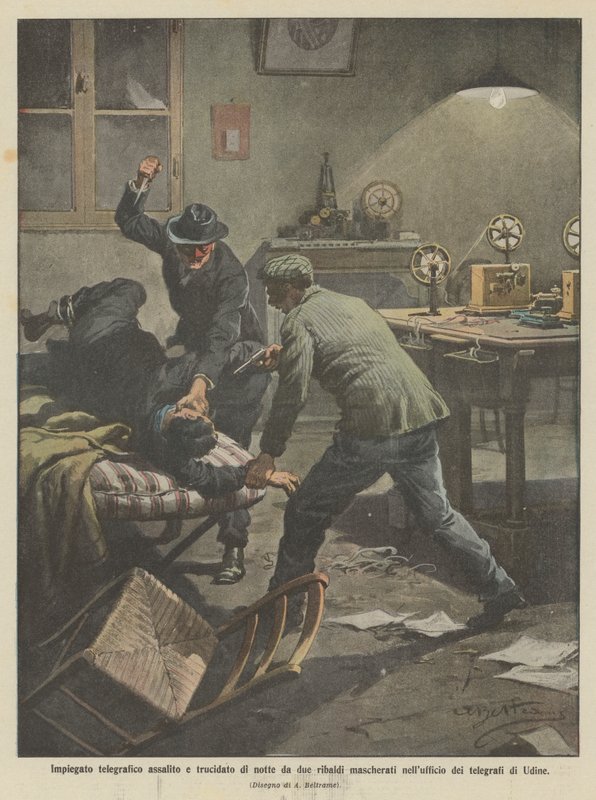 Urzędnik telegraficzny zaatakowany i zamordowany w nocy przez dwóch zamaskowanych bandytów w biurze telegraficznym w Udine autorstwa Achille Beltrame