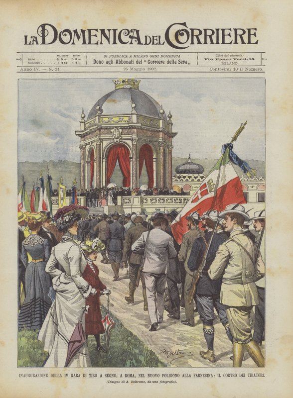 Inauguracja IV Zawodów Strzeleckich w Rzymie, na nowej strzelnicy w Farnesina, Corteo Dei Tiratori autorstwa Achille Beltrame