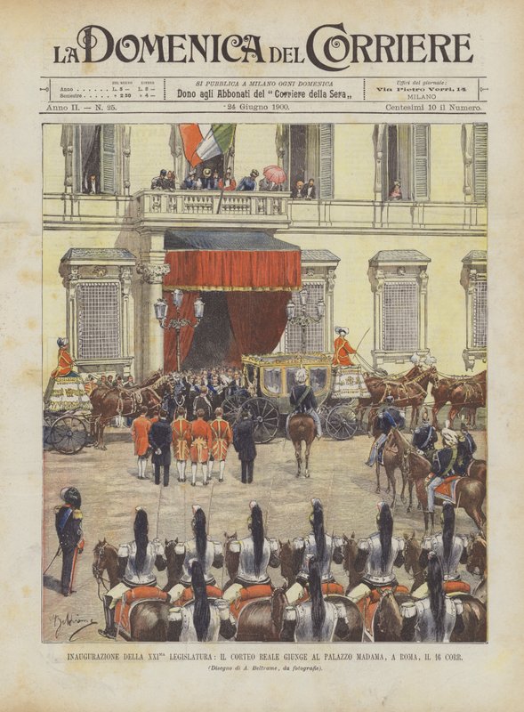 Inauguracja XXI kadencji, królewska procesja przybywa do Palazzo Madama w Rzymie, na 16 Corr autorstwa Achille Beltrame