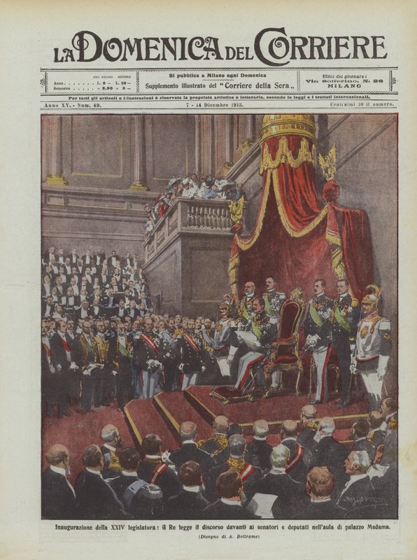 Inauguracja XXIV kadencji, czy król odczytuje przemówienie przed senatorami i posłami? autorstwa Achille Beltrame