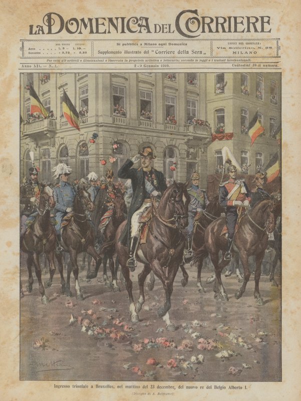 Triumfalny wjazd do Brukseli, rankiem 23 grudnia, nowego króla Belgii Alberta I autorstwa Achille Beltrame