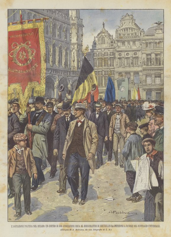 Agitacja polityczna w Belgii, procesja 300 stowarzyszeń idzie do burmistrza Brukseli? autorstwa Achille Beltrame