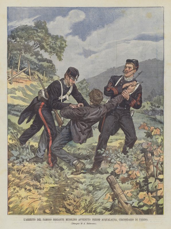 Aresztowanie słynnego Brigante Musolino miało miejsce w Acqualagna, w dystrykcie Urbino autorstwa Achille Beltrame