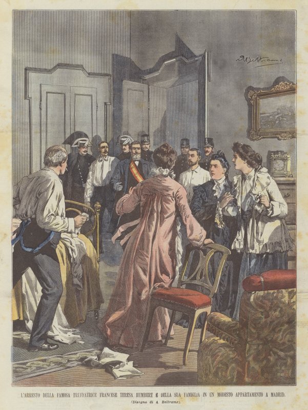 Aresztowanie słynnej francuskiej oszustki Teresy Humbert i jej rodziny w skromnym mieszkaniu w Madrycie autorstwa Achille Beltrame