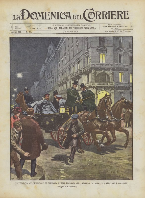 Atak na cesarza Niemiec w drodze na dworzec w Bremie wieczorem szóstego nurtu autorstwa Achille Beltrame