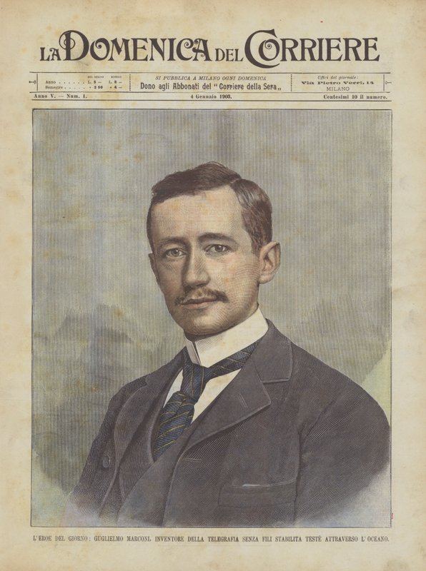 Bohater Dnia, Guglielmo Marconi, wynalazca telegrafii bezprzewodowej, założył głowy za oceanem autorstwa Achille Beltrame