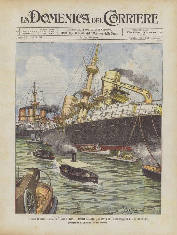 Zatrzymanie pancernika Andrea Doria pod Gallipoli podczas ćwiczeń wystrzeliwania torped autorstwa Achille Beltrame