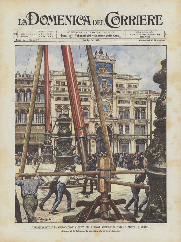 Podnoszenie i umieszczanie nowych anten na Piazza S Marco w Wenecji autorstwa Achille Beltrame