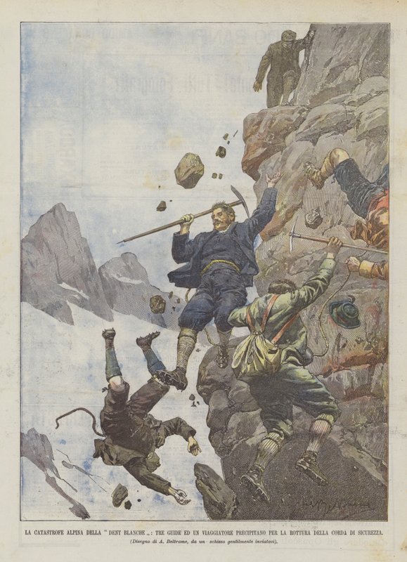 Katastrofa alpejska Dent Blanche, trzej przewodnicy i podróżnik zakochany w przerwie? autorstwa Achille Beltrame