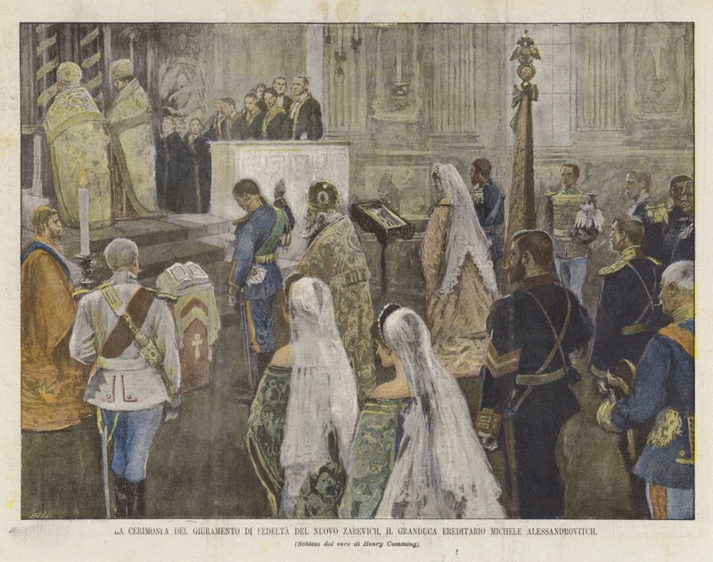 Ceremonia nowej przysięgi wierności Zariewicza, dziedziczny wielki książę Michele Alessandrovitch autorstwa Achille Beltrame