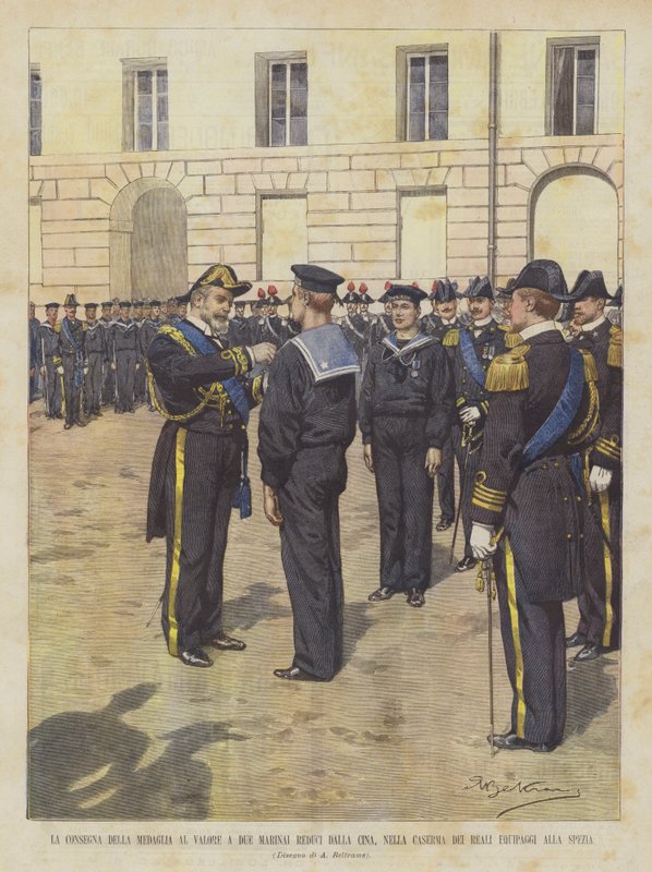 Doręczenie Medalu Walecznych dwóm marynarzom powracającym z Chin w koszarach Royal Crews w La Spezia autorstwa Achille Beltrame