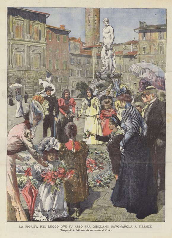 La Fiorita w miejscu spalenia Fra Girolamo Savonarola we Florencji autorstwa Achille Beltrame