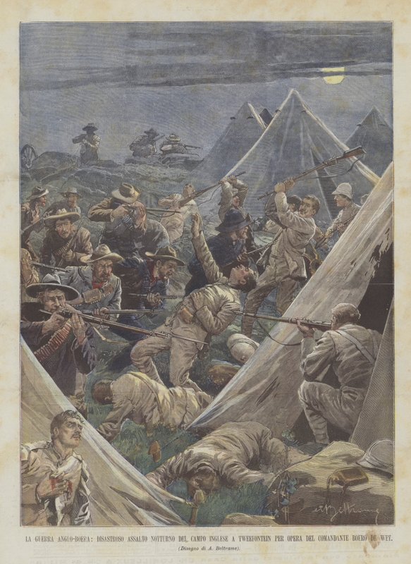 Wojna anglo-burska, katastrofalny nocny atak na angielski obóz w Tweefontein dla Opery Del? autorstwa Achille Beltrame