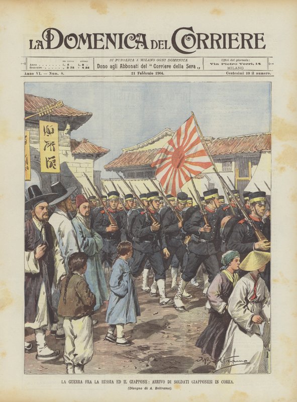 Wojna między Rosją a Japonią, przybycie japońskich żołnierzy do Korei autorstwa Achille Beltrame