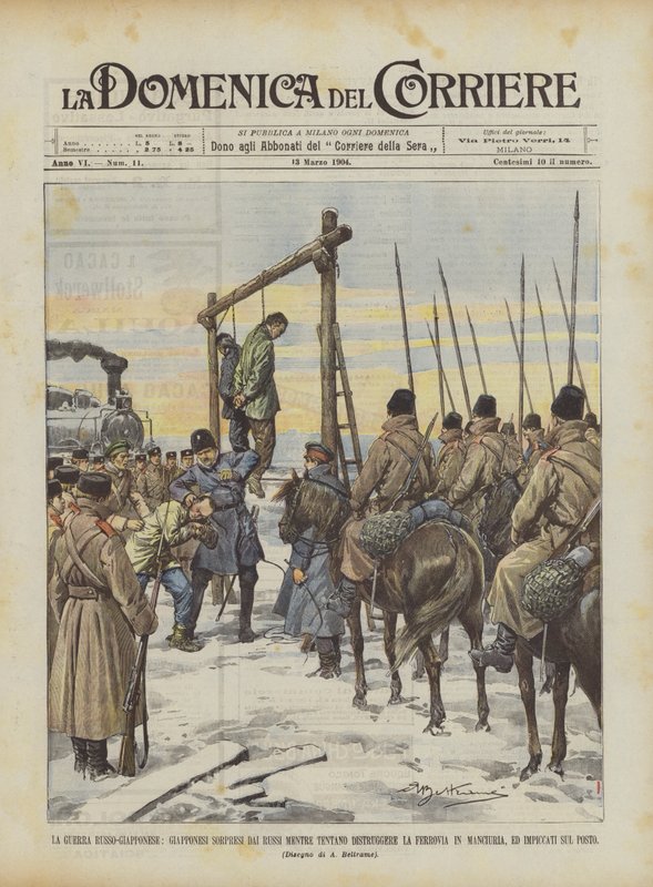 Wojna rosyjsko-japońska, Japończycy zaskoczeni przez Rosjan, gdy próbują zniszczyć linię kolejową? autorstwa Achille Beltrame