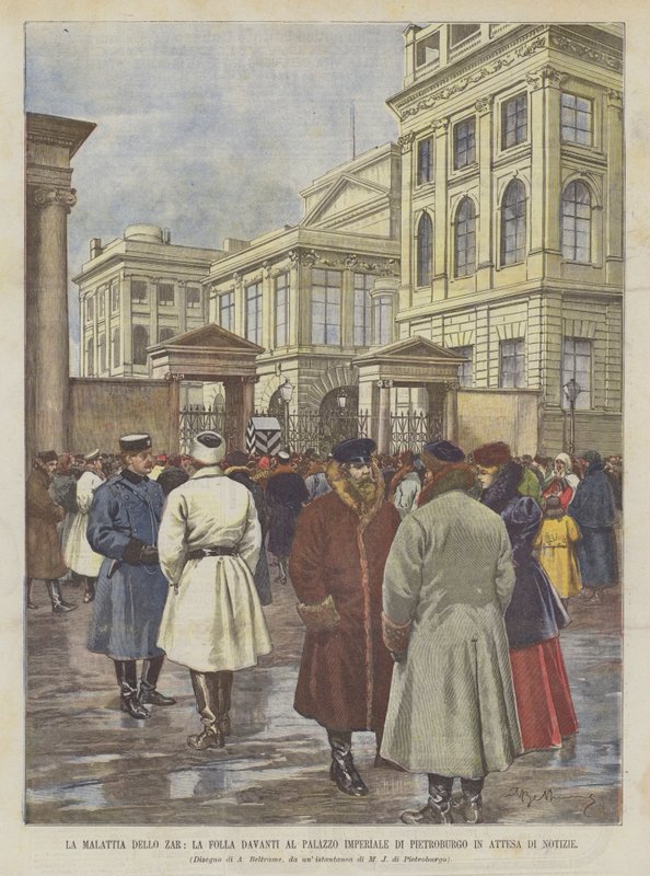 Choroba cara, tłum przed pałacem cesarskim w Petersburgu czekający na wieści autorstwa Achille Beltrame