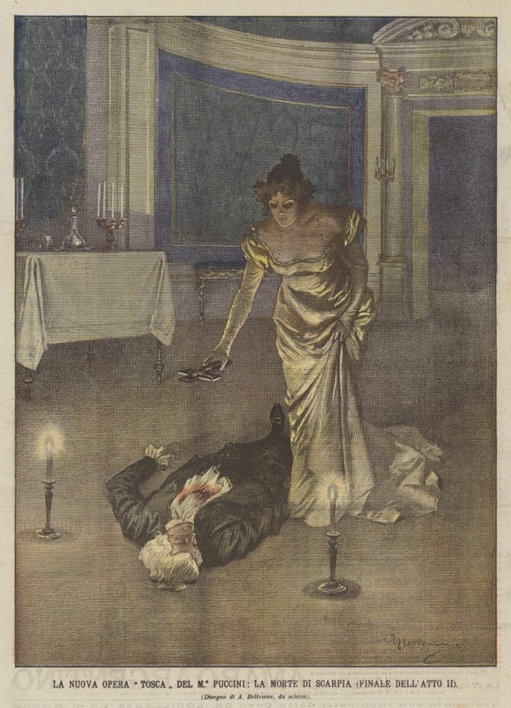 Opera Nowa Toska Maestro Pucciniego, Śmierć Scarpii (finał II aktu) autorstwa Achille Beltrame
