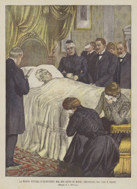 Angielska królowa Wiktoria na łożu śmierci w otoczeniu dzieci i wnuków autorstwa Achille Beltrame