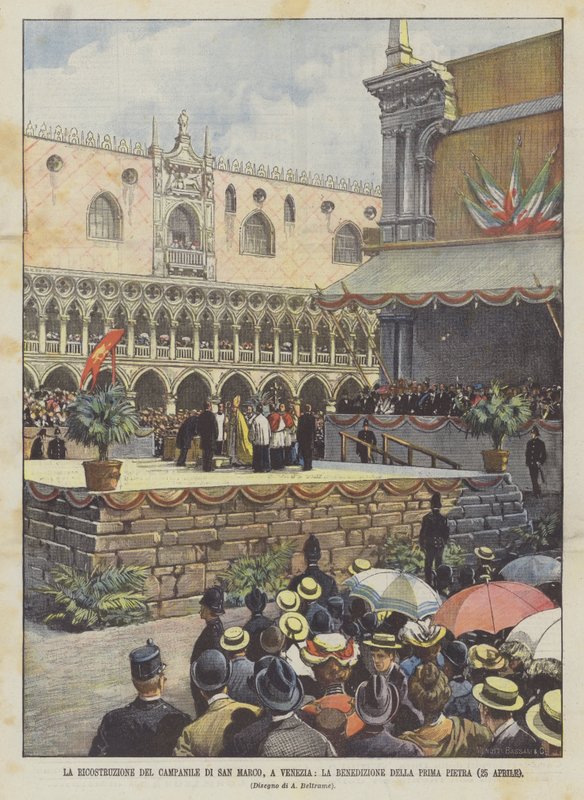 Rekonstrukcja Campanile di San Marco w Wenecji, poświęcenie pierwszego kamienia (25 kwietnia) autorstwa Achille Beltrame
